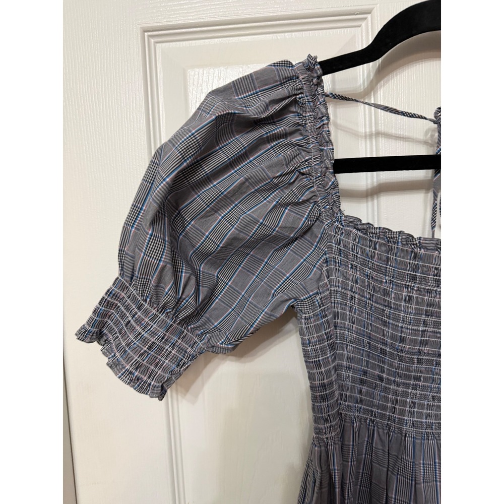 Hill House Home The Athena Nap Dress Blue Grey Plaid Smocked Mini Dress XS - Picture 4 of 9